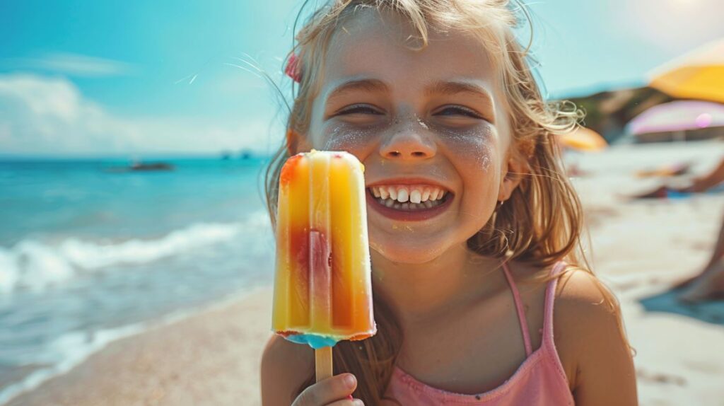 Little girl with popsicle on the beach